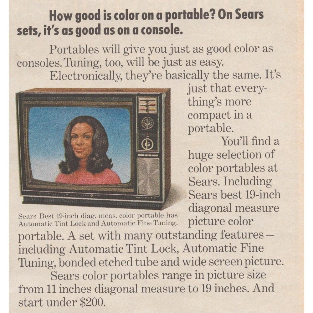 1971 Sears Vintage Print Ad Color Television Console TV Buying Guide 2 Page MCM